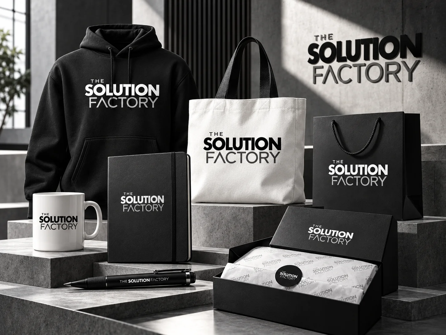 Illustrative monochrome branded merchandise and stationery