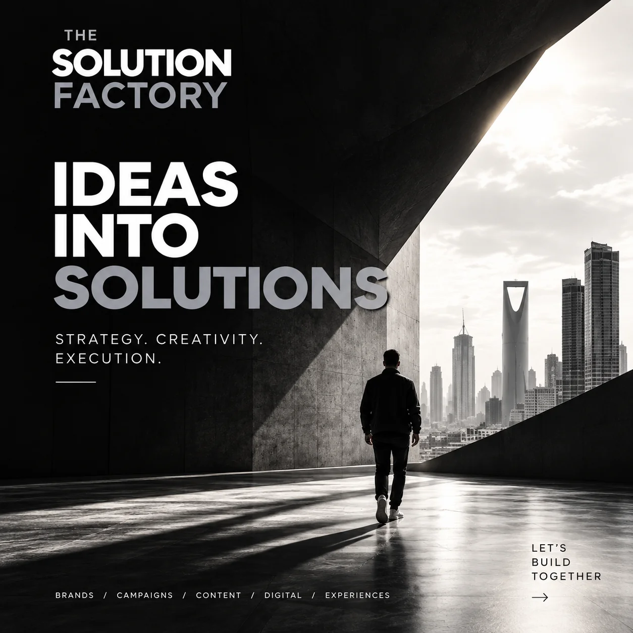 Illustrative monochrome creative campaign for The Solution Factory