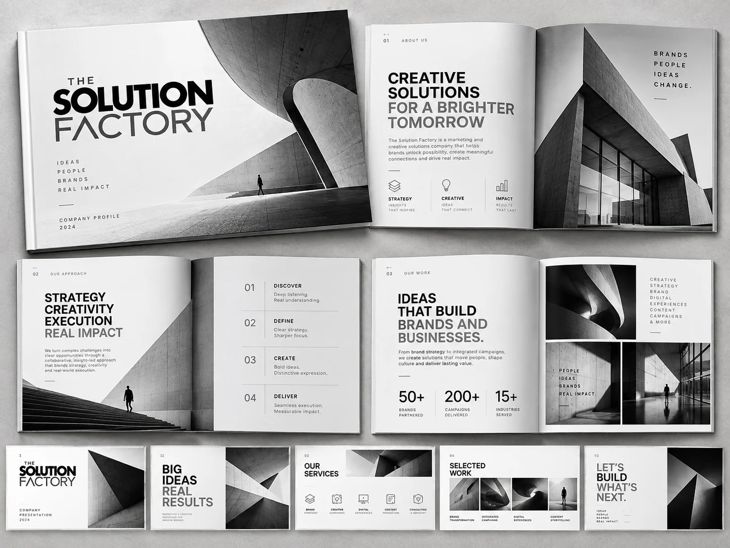 Illustrative branded company profile and editorial layouts