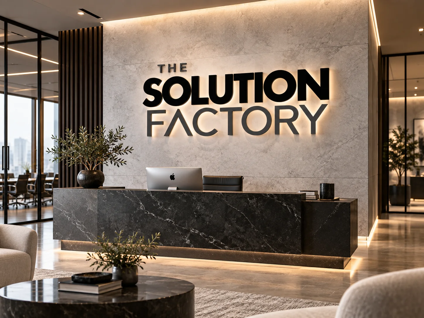 Illustrative architectural office signage concept featuring The Solution Factory wordmark